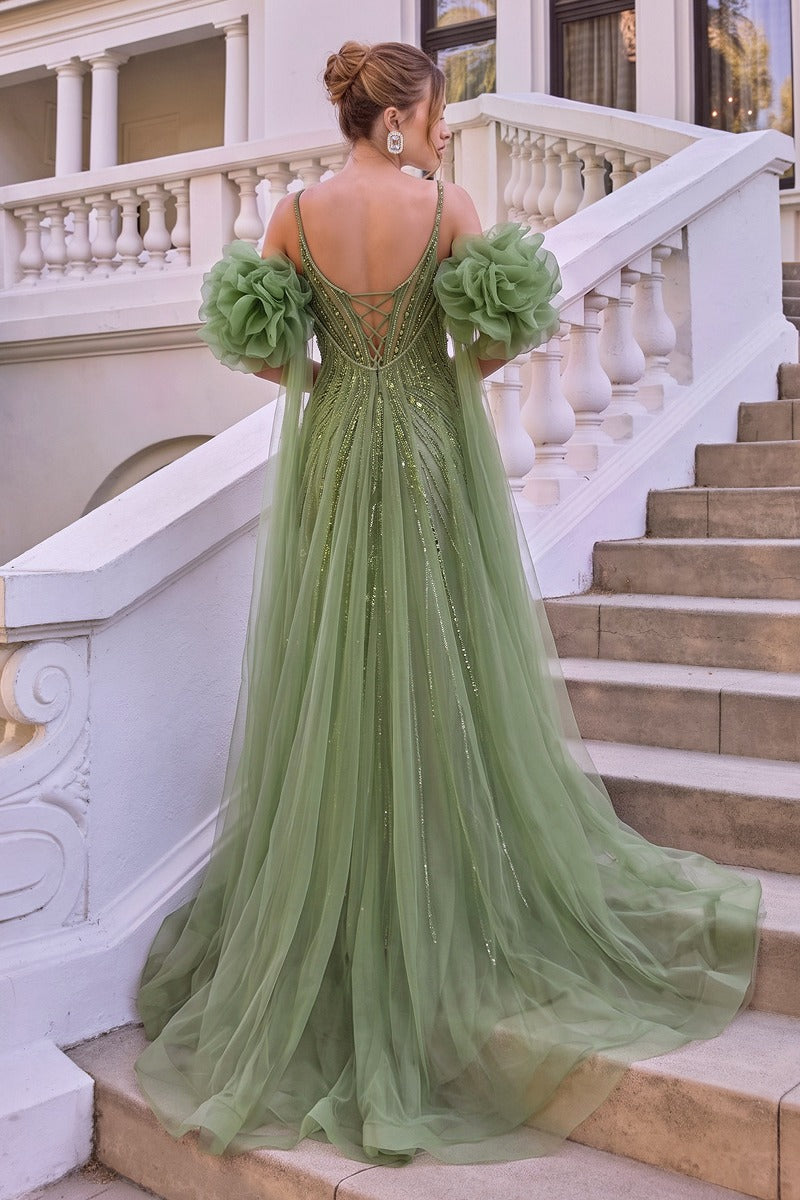Fitted Beaded Gown With Ruffle Tulle Cape
