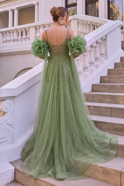 Fitted Beaded Gown With Ruffle Tulle Cape