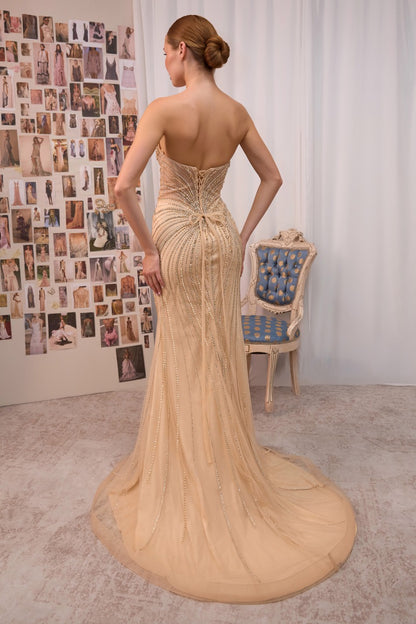 Strapless Beaded Gown With Organza Ruffle Shawl