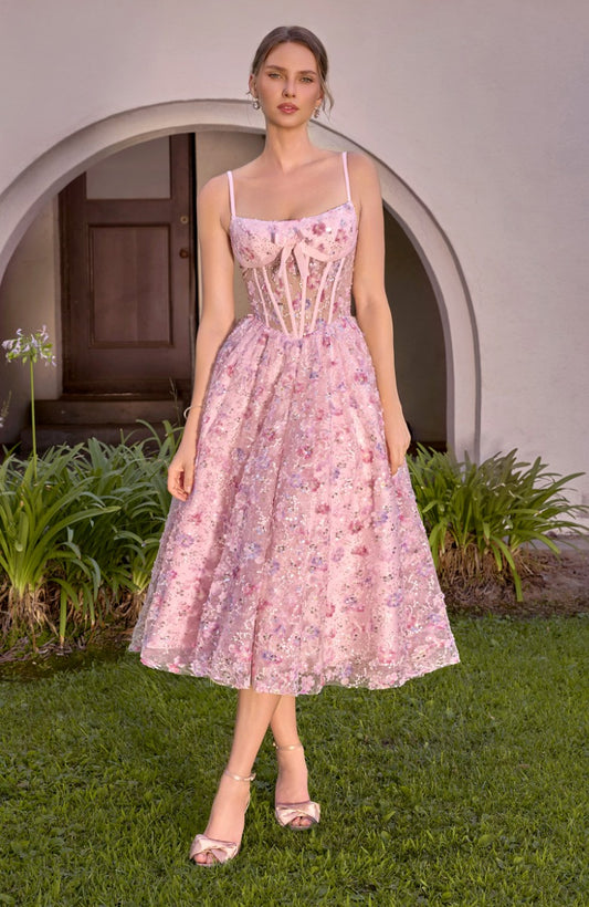 Floral Appliqué Tea-Length A-Line Gown - Sweetheart Corset Bodice & Bow Accent
