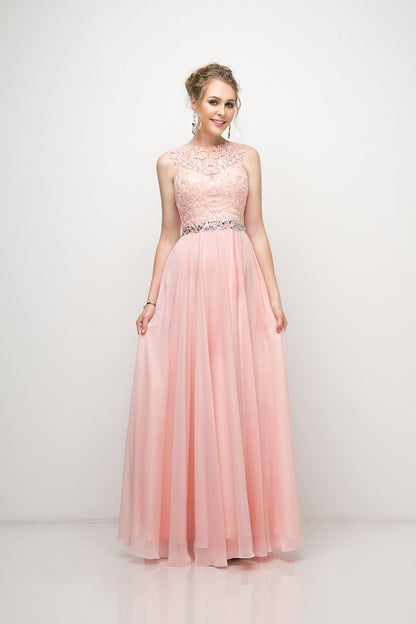 A-line chiffon dress with embelished belt and lace cap sleeve top