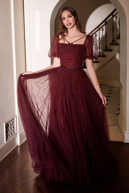 Maroon Puff Sleeve Ball Gown