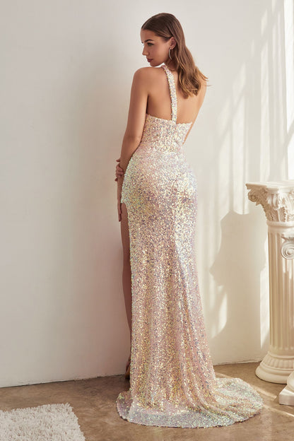 One Soulder Fitted Sequin Gown