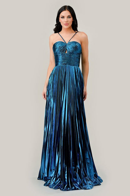 Halter Pleated Lame' Metallic A-Line Gown