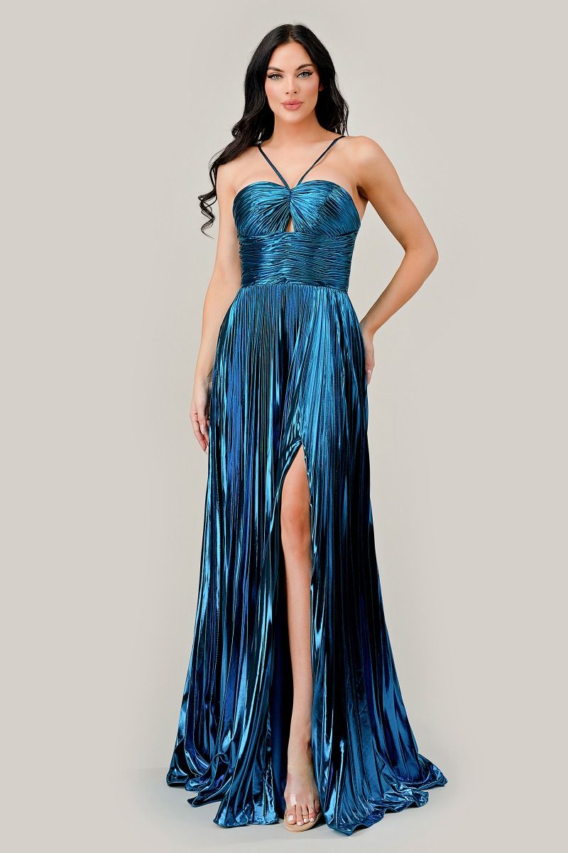 Halter Pleated Lame' Metallic A-Line Gown