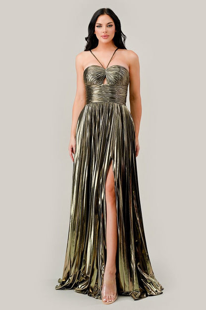 Halter Pleated Lame' Metallic A-Line Gown