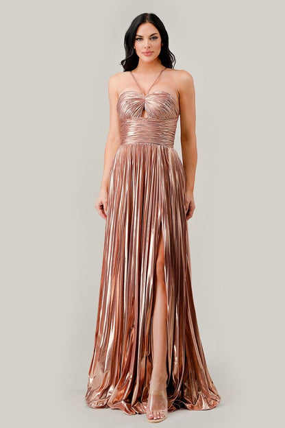 Halter Pleated Lame' Metallic A-Line Gown