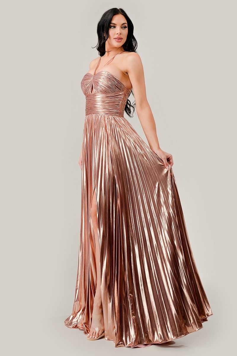 Halter Pleated Lame' Metallic A-Line Gown