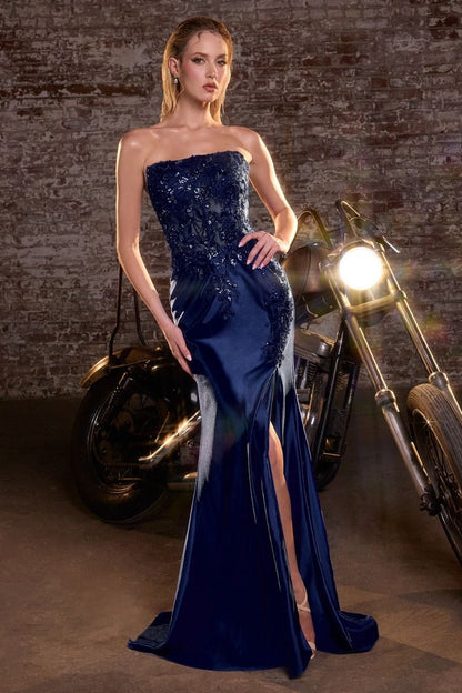 Crystal Strapless Fitted Satin Dress