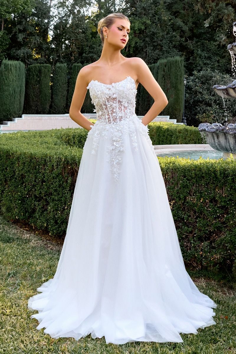 A-Line Gown a Strapless Sweetheart Neckline 3D Floral Appliqué Across the Bodice