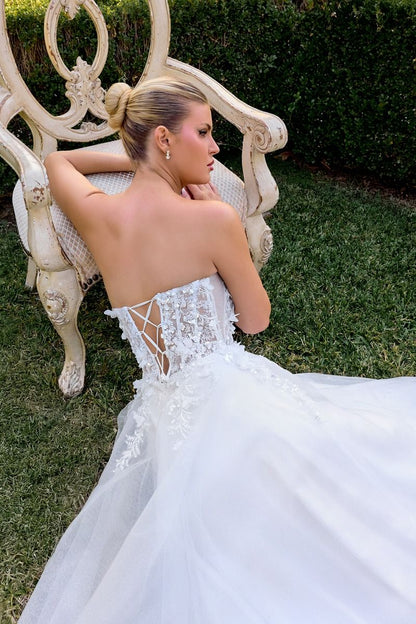 A-Line Gown a Strapless Sweetheart Neckline 3D Floral Appliqué Across the Bodice