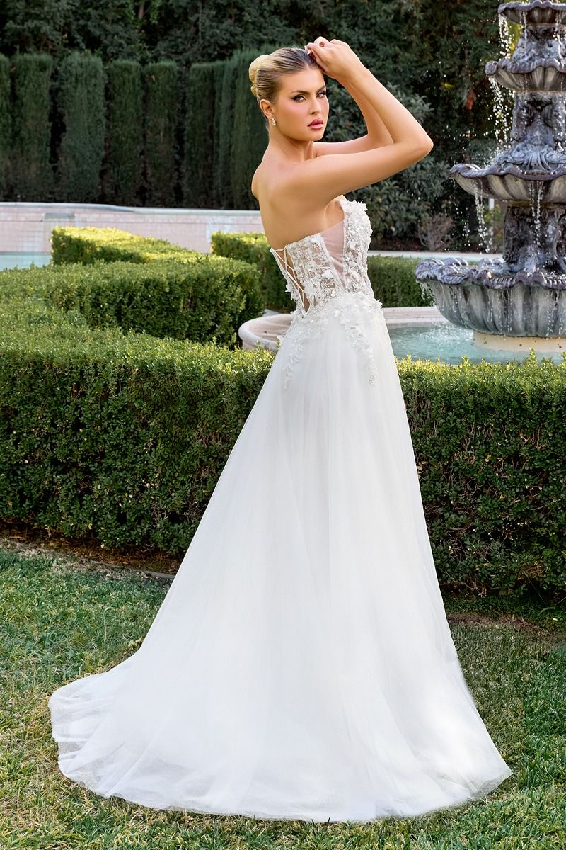 A-Line Gown a Strapless Sweetheart Neckline 3D Floral Appliqué Across the Bodice