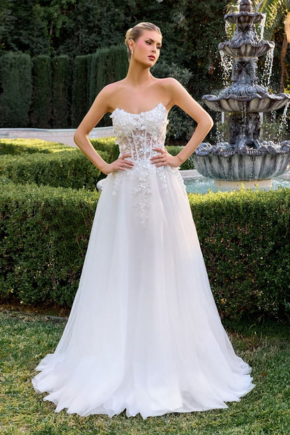 A-Line Gown a Strapless Sweetheart Neckline 3D Floral Appliqué Across the Bodice