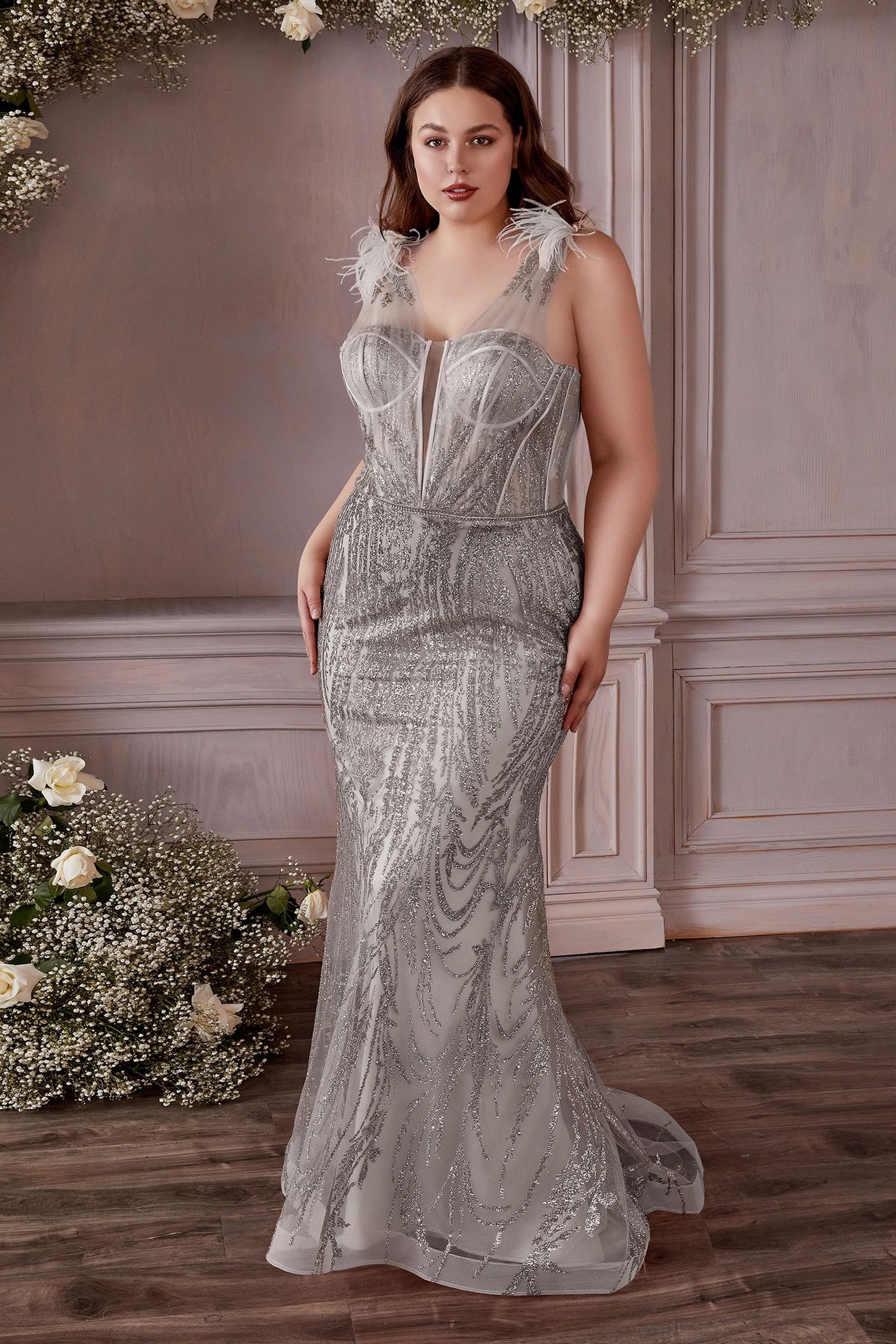 Fitted Glitter And Feather Gown
