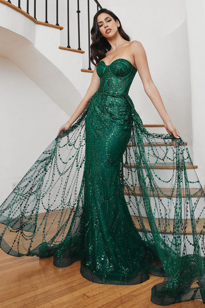 Strapless Lace Fitted Gown With Over Skirt