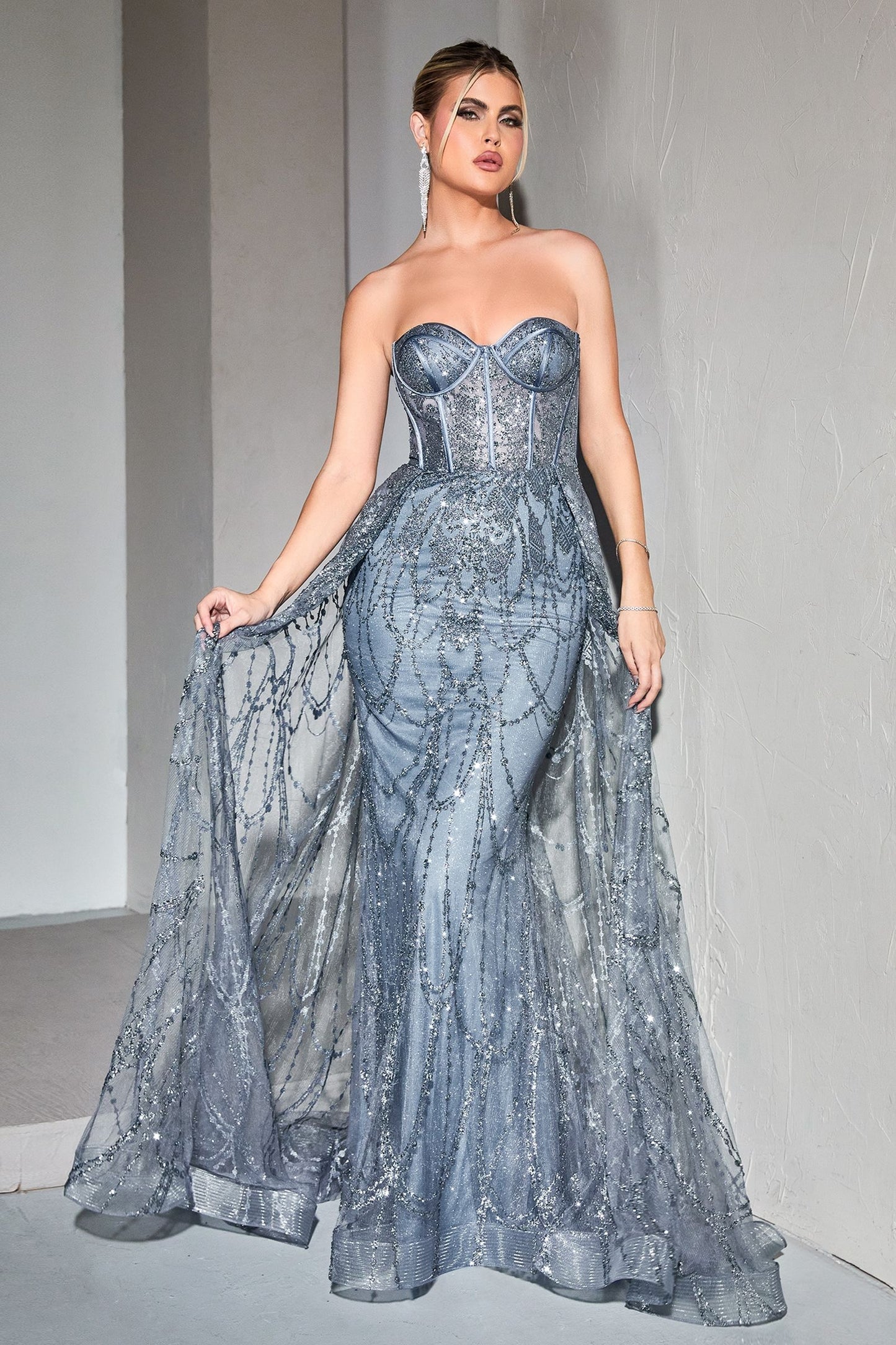 Strapless Lace Fitted Gown With Over Skirt