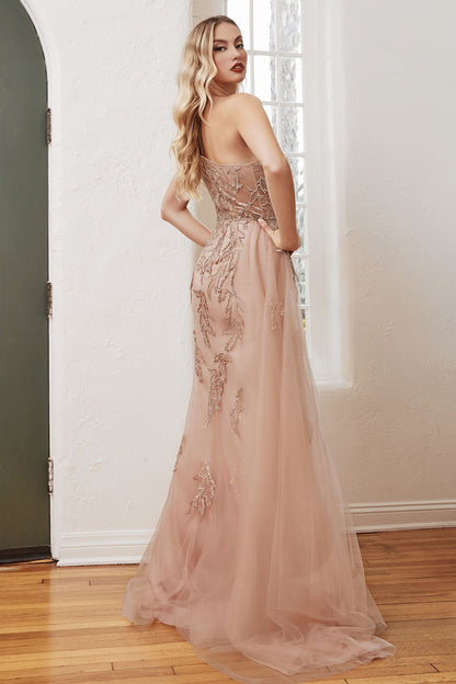 One Shoulder Embellished Gown With Tulle Overskirt