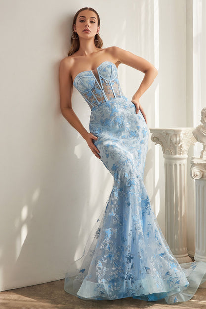 Strapless Butterfly Print Mermaid Gown