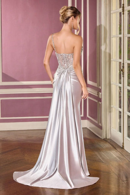 Fitted Dress Asymmetrical Neckline Illusion Beaded Bodice Ruched Satin Skirt Slit Sweep Train