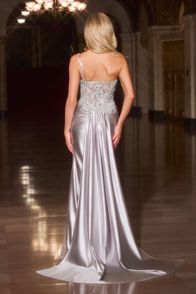 Fitted Dress Asymmetrical Neckline Illusion Beaded Bodice Ruched Satin Skirt Slit Sweep Train