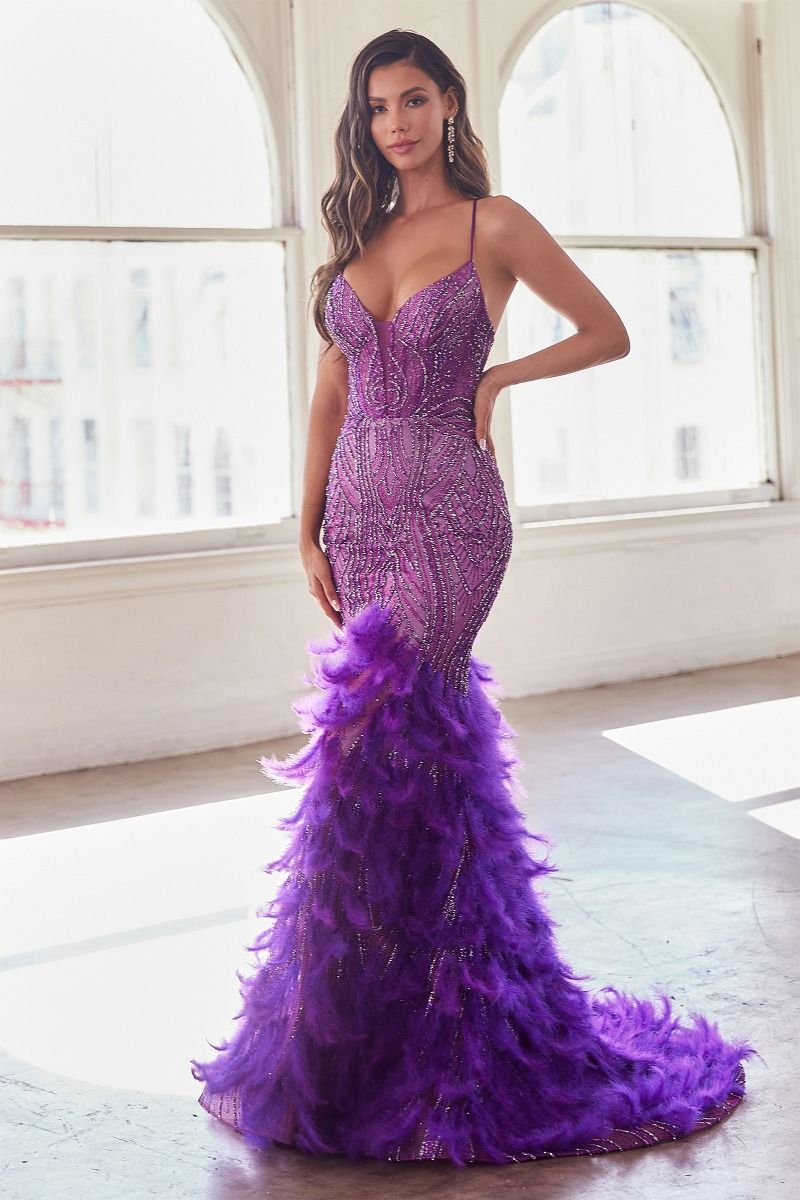 feather mermaid dress EMBELLISHED FEATHER MERMAID GOWN BY ANDREA AND LEO A1229 Black NUDE / 6