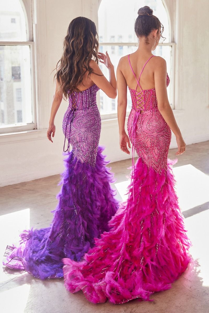 Feather Mermaid Gown with Beaded Corset Bodice
