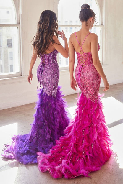 Feather Mermaid Gown with Beaded Corset Bodice