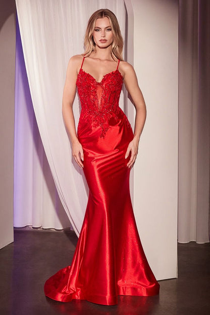 Embellished Lace & Satin Fitted Gown