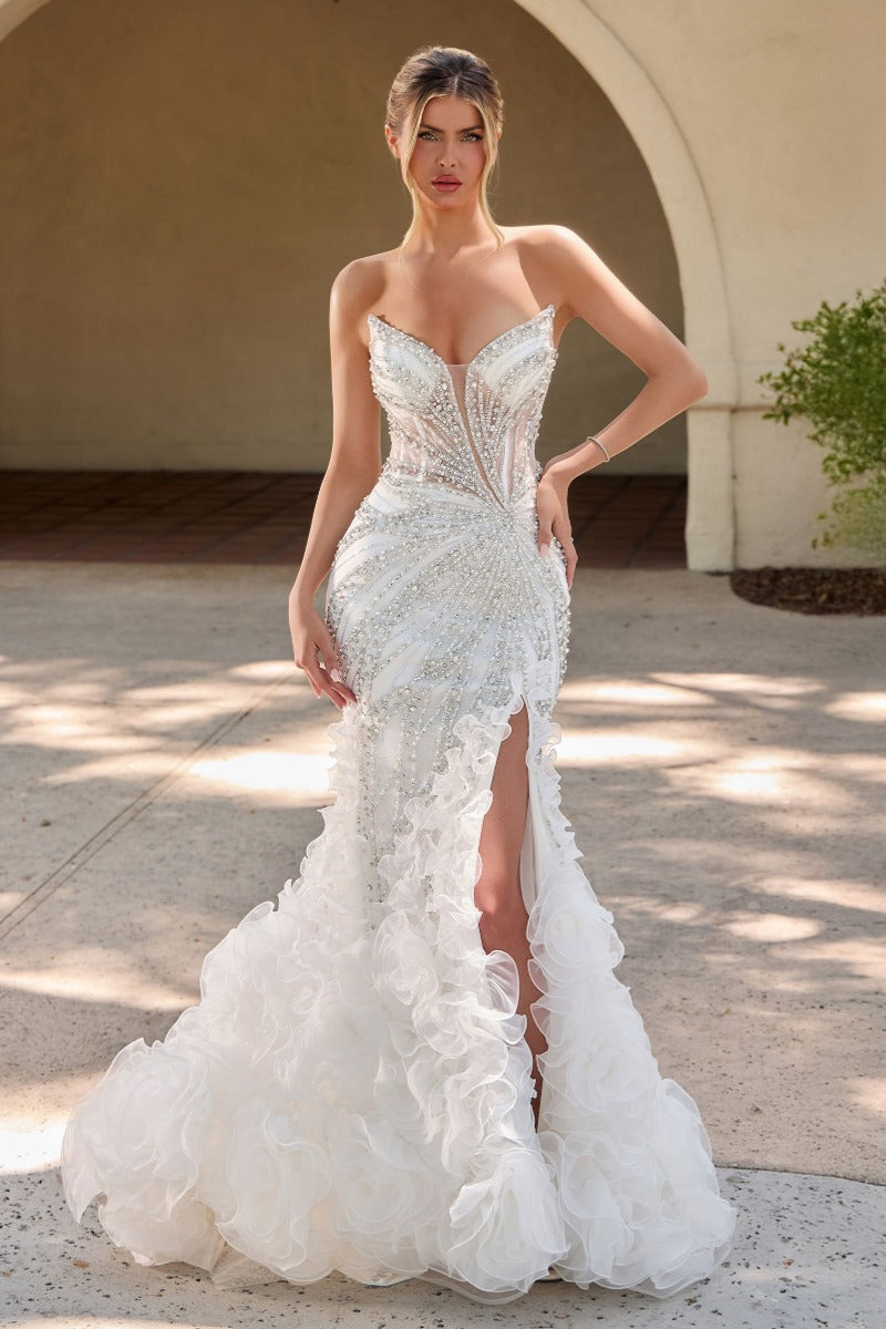 Couture Sparkle Mermaid Wedding Dress With Ruffled Organza Skirt & Corset Back
