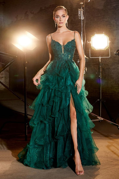 Tiered Emerald Ball Gown with Lace Details