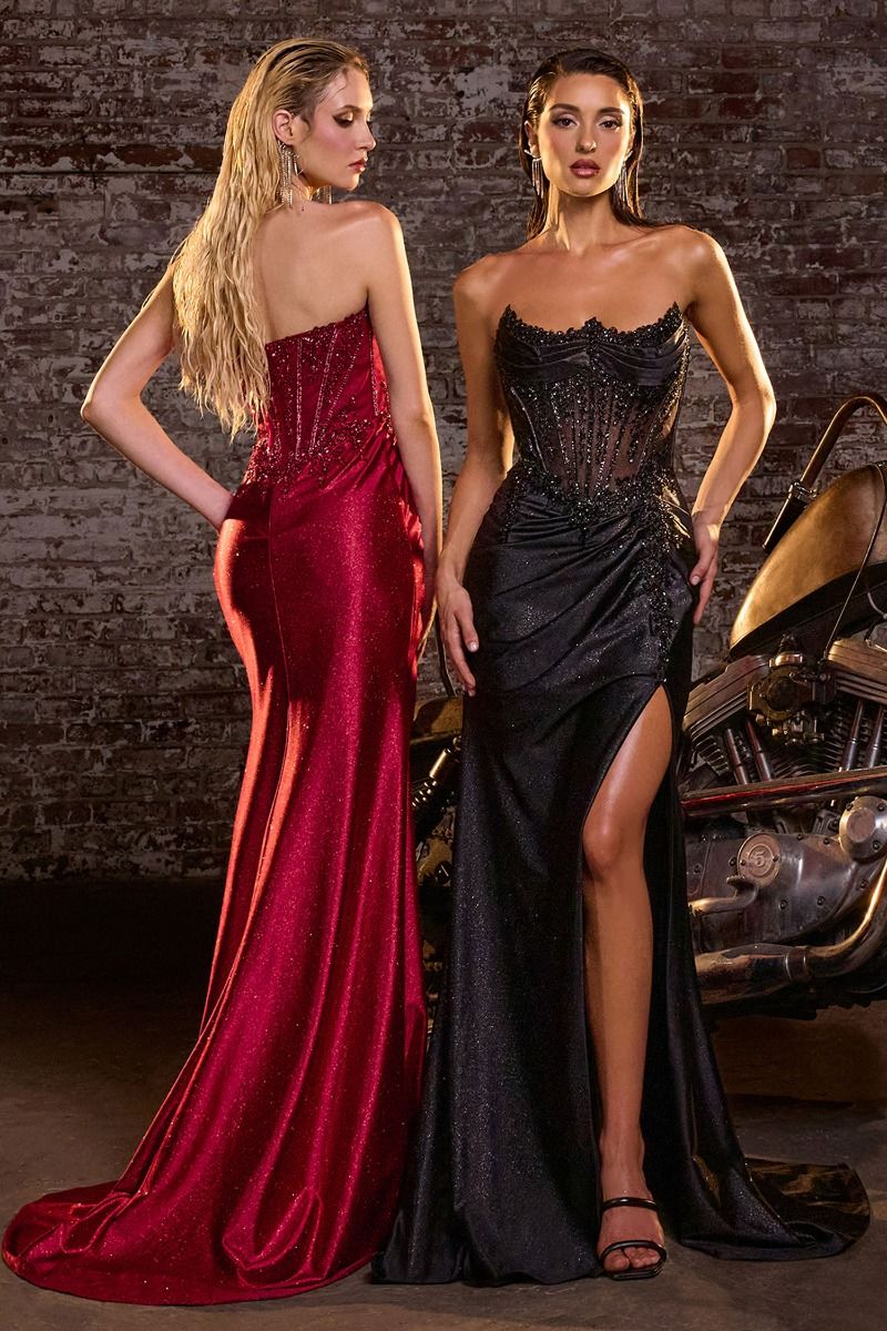 Strapless Embllished Fitted Satin Gown