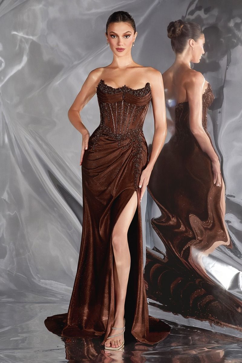 Strapless Embllished Fitted Satin Gown
