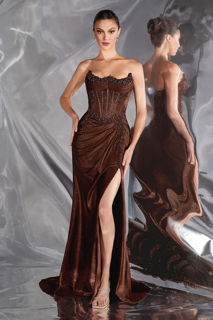Strapless Embllished Fitted Satin Gown