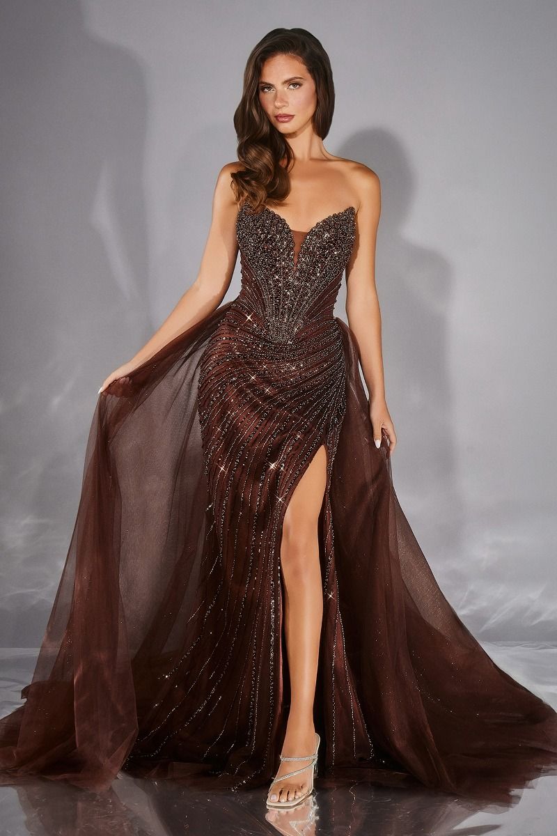 Strapless fitted dress sweetheart neckline sheer beaded corset slit detachable tulle overskirt