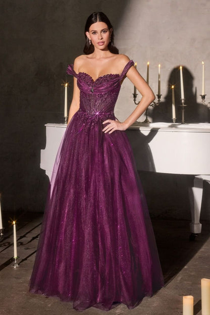 Ball Gown Off-The-Shoulder Neckline Draped Tulle Straps and a Fully Beaded Corset Bodice