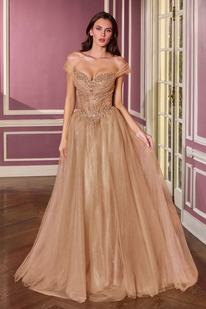 Ball Gown Off-The-Shoulder Neckline Draped Tulle Straps and a Fully Beaded Corset Bodice