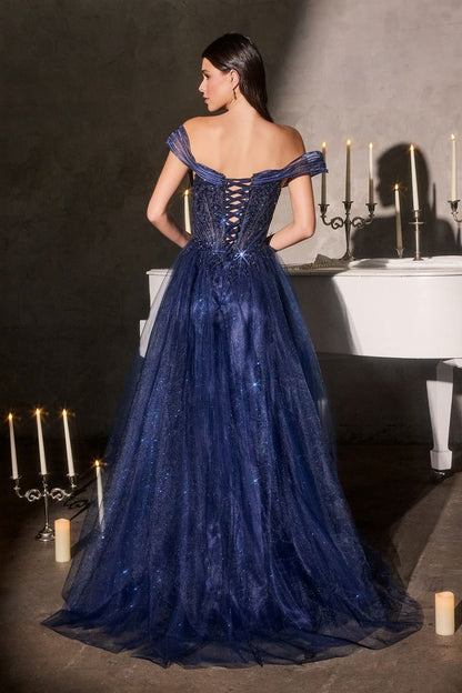 Ball Gown Off-The-Shoulder Neckline Draped Tulle Straps and a Fully Beaded Corset Bodice