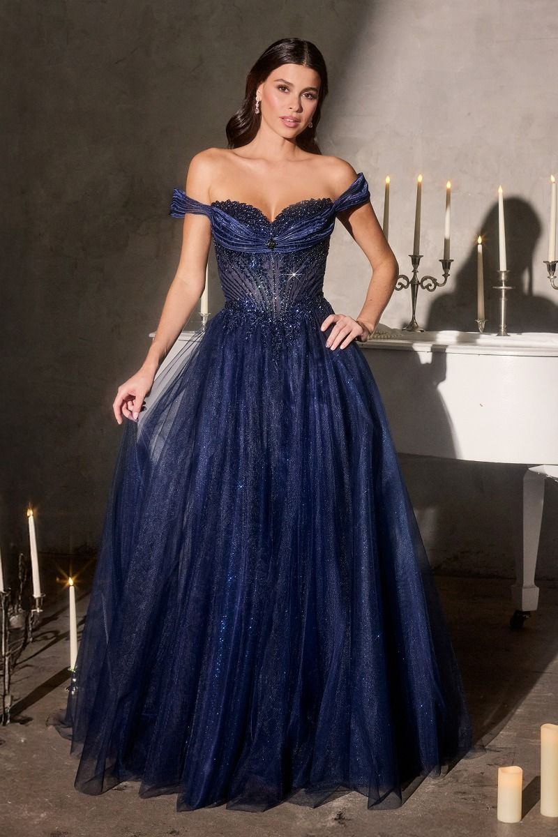 Ball Gown Off-The-Shoulder Neckline Draped Tulle Straps and a Fully Beaded Corset Bodice