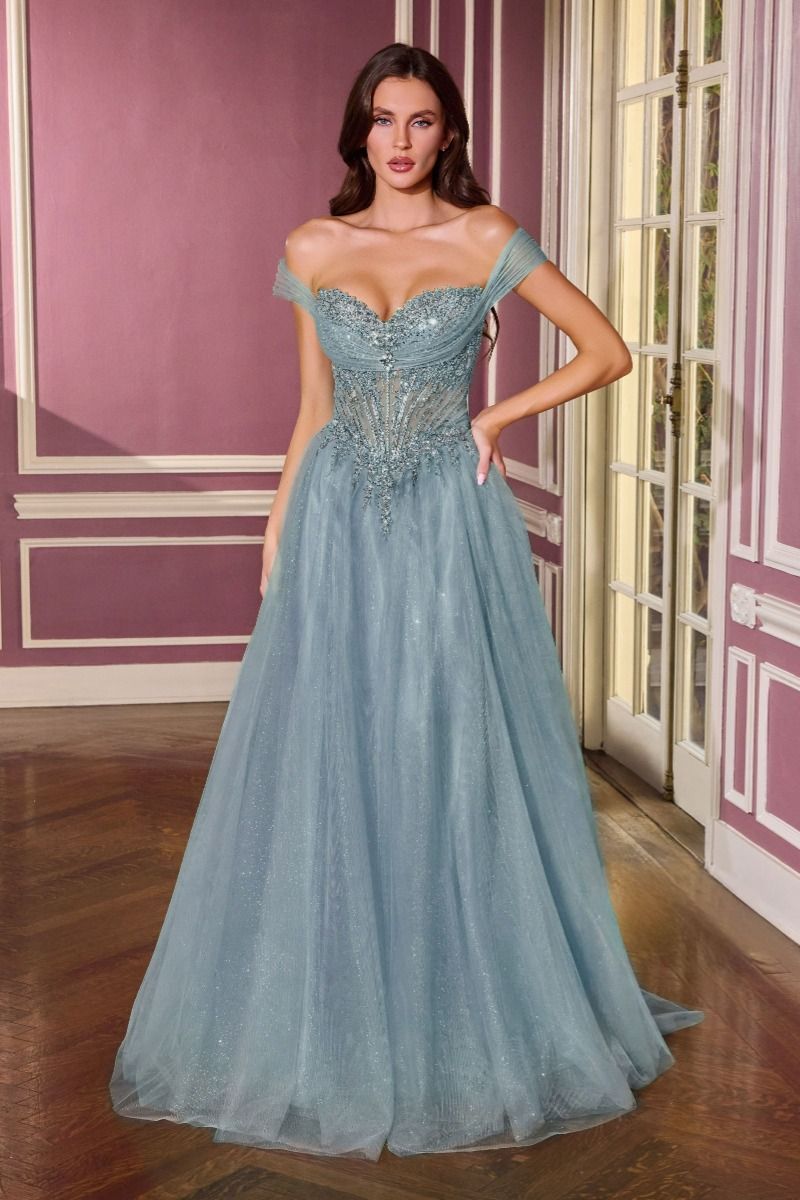 Ball Gown Off-The-Shoulder Neckline Draped Tulle Straps and a Fully Beaded Corset Bodice