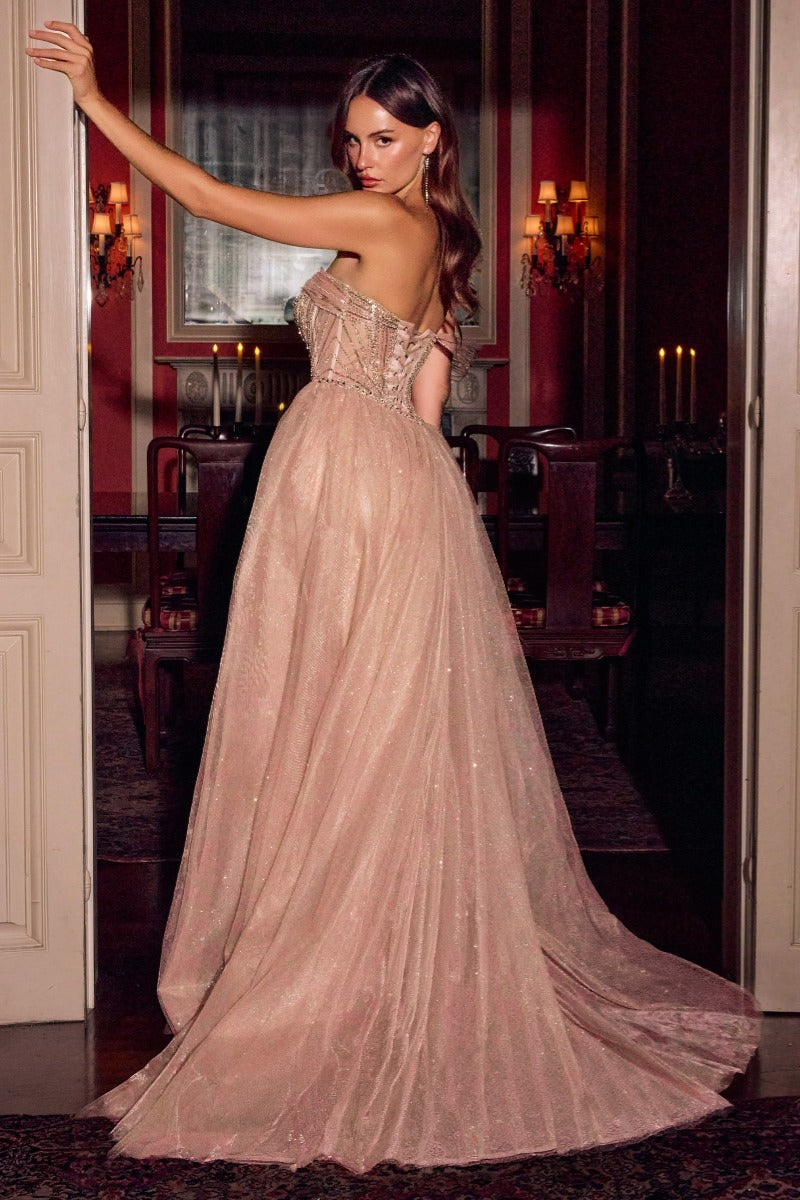 Glamorous One-Shoulder Sweetheart Beaded Corset Formal Gown With Glitter Tulle Overskirt