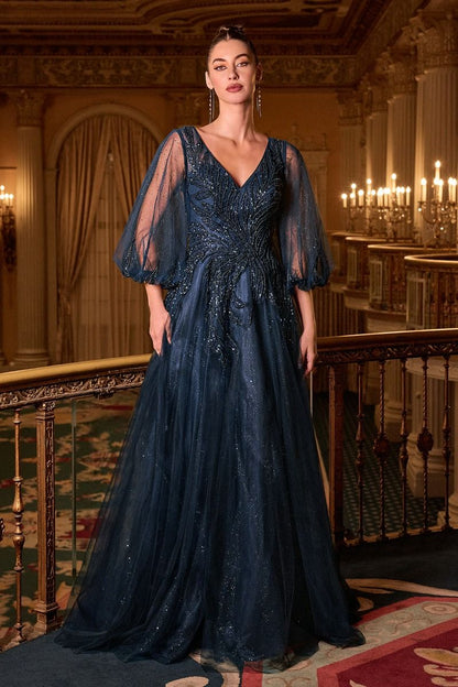 Long Sleeve A-Line Tulle Evening Gown with Embellished Appliqué Bodice