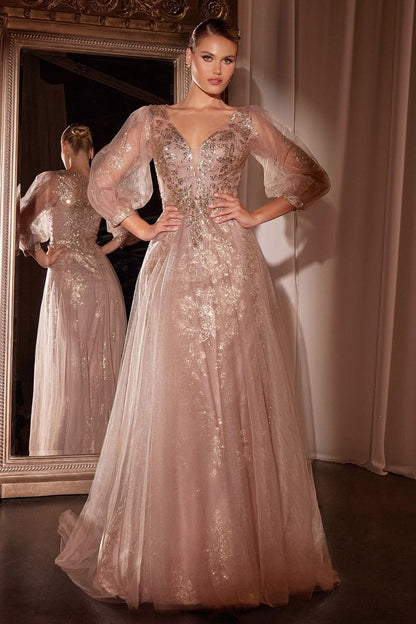 Long Sleeve Layered Tulle A-Line Gown