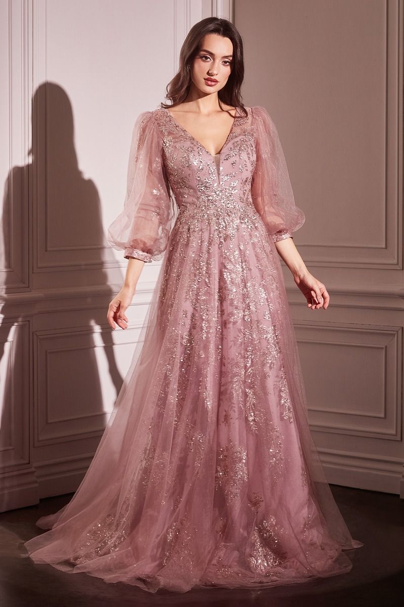 Long Sleeve Layered Tulle A-Line Gown