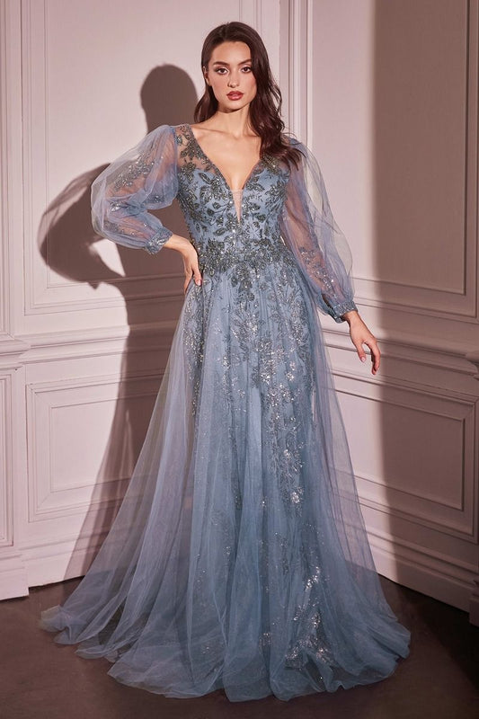 Long Sleeve Layered Tulle A-Line Gown