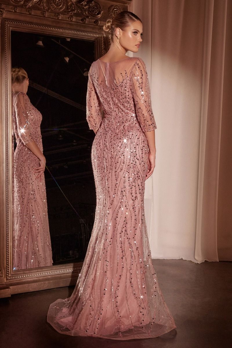pink sequin dress long sleeve Sequin Evening Gown with Three-Quarter Sheer Sleeves Dusty Rose / 14