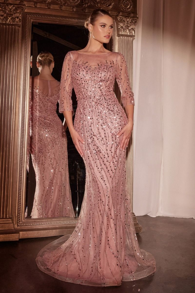 Sequin Evening Gown with Three-Quarter Sheer Sleeves Dusty Rose / 14 Sequin Evening Gown with Three-Quarter Sheer Sleeves Dusty Rose / 14