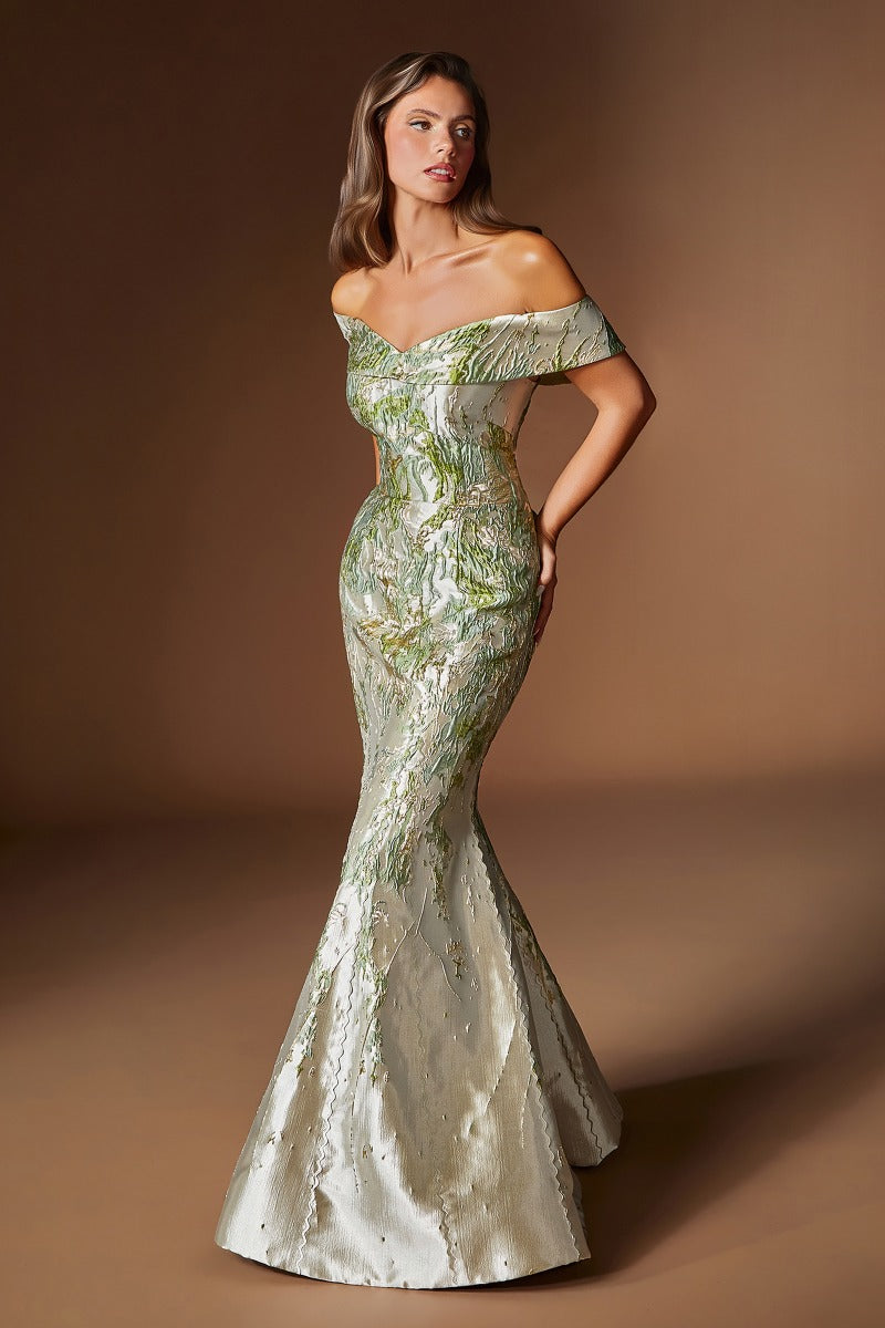Off-Shoulder Metallic Jacquard Mermaid Gown with Sculpted Bodice and Marbled Pattern