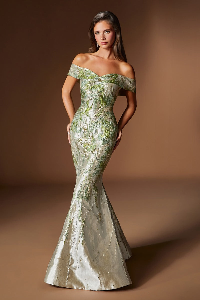 Off-Shoulder Metallic Jacquard Mermaid Gown with Sculpted Bodice and Marbled Pattern