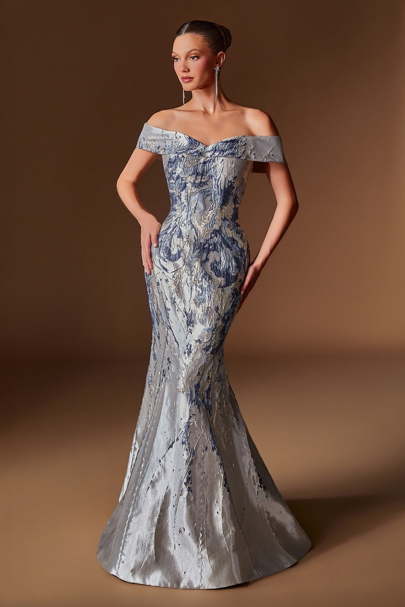 Off-Shoulder Metallic Jacquard Mermaid Gown with Sculpted Bodice and Marbled Pattern