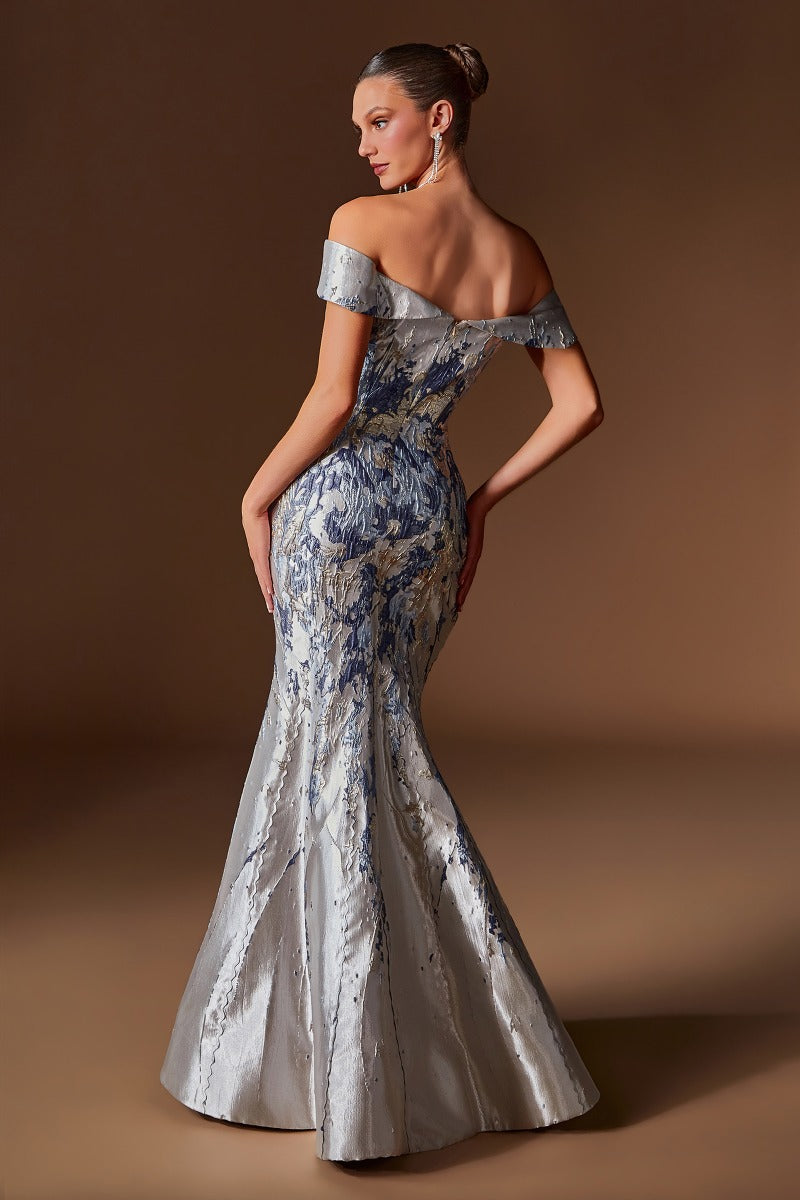Off-Shoulder Metallic Jacquard Mermaid Gown with Sculpted Bodice and Marbled Pattern